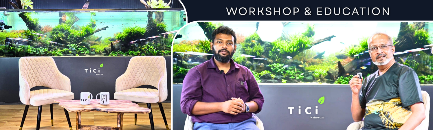 Mr. Amartya Ghosh, the Founder and Director of TiCi NatureLab and Mr. Amar Salvi, the Founder and Editor of The Weekend Aquarist hosting a live podcast session in front of a large nature-style planted aquarium during an educational workshop and aquascaping discussion.