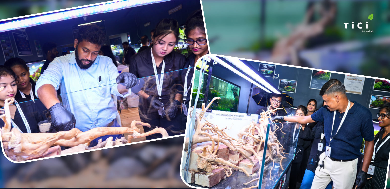 Participants and TiCi team along with Amartya Ghosh and Rajib Saha collaborate on arranging spider wood and hardscape materials during the Nature Aquascaping MasterClass at TiCi NatureLab, learning practical techniques for creating natural freshwater aquarium landscapes. 