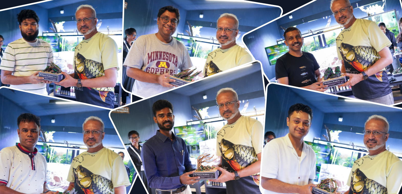 Participants receive handmade aquascaping-themed mementos from renowned aquascaper Amar Salvi during the Nature Aquascaping MasterClass at TiCi NatureLab, celebrating their participation in an interactive aquascaping workshop.