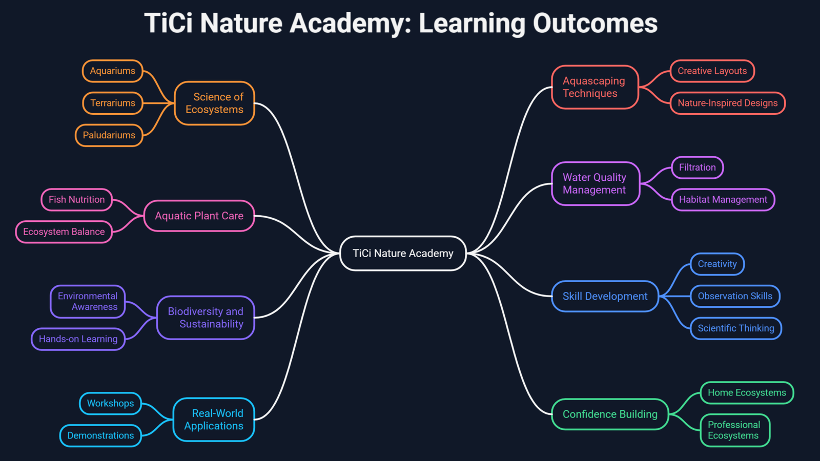 Mind map illustrating TiCi Nature Academy learning outcomes, including aquascaping techniques, ecosystem science, aquatic plant care, biodiversity, sustainability, water quality management, skill development, and hands-on environmental education.