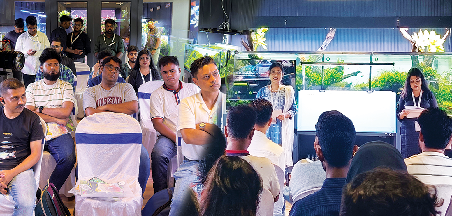 Participants attend an educational session during the Nature Aquascaping MasterClass at TiCi NatureLab, engaging in discussions on aquascaping techniques, aquarium ecosystem design, and nature-inspired aquatic landscapes.