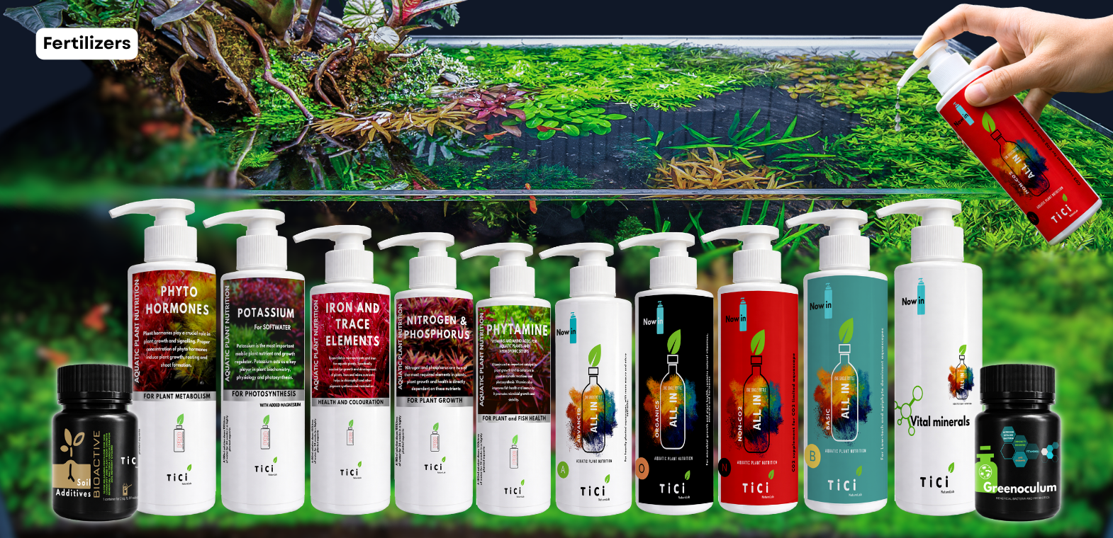 TiCi NatureLab aquarium fertilizers and aquatic plant nutrition products including All in One Vital Minerals, Greenoculum, Soil Additives, Phytamine, Phytohormone, Potassium, Iron & Trace Elements, Nitrogen & Phosphorus, Hydroponic Sol 1, Sol 2 & Sol 3, All in One Non-CO₂, All in One Organic, and All in One Basic for freshwater planted aquariums and aquascaping.