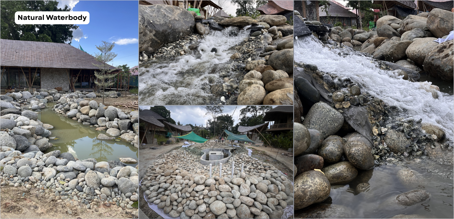TiCi natural water body creation featuring a beautifully designed artificial stream, cascading water, river stones, and eco-friendly landscape architecture for sustainable outdoor spaces