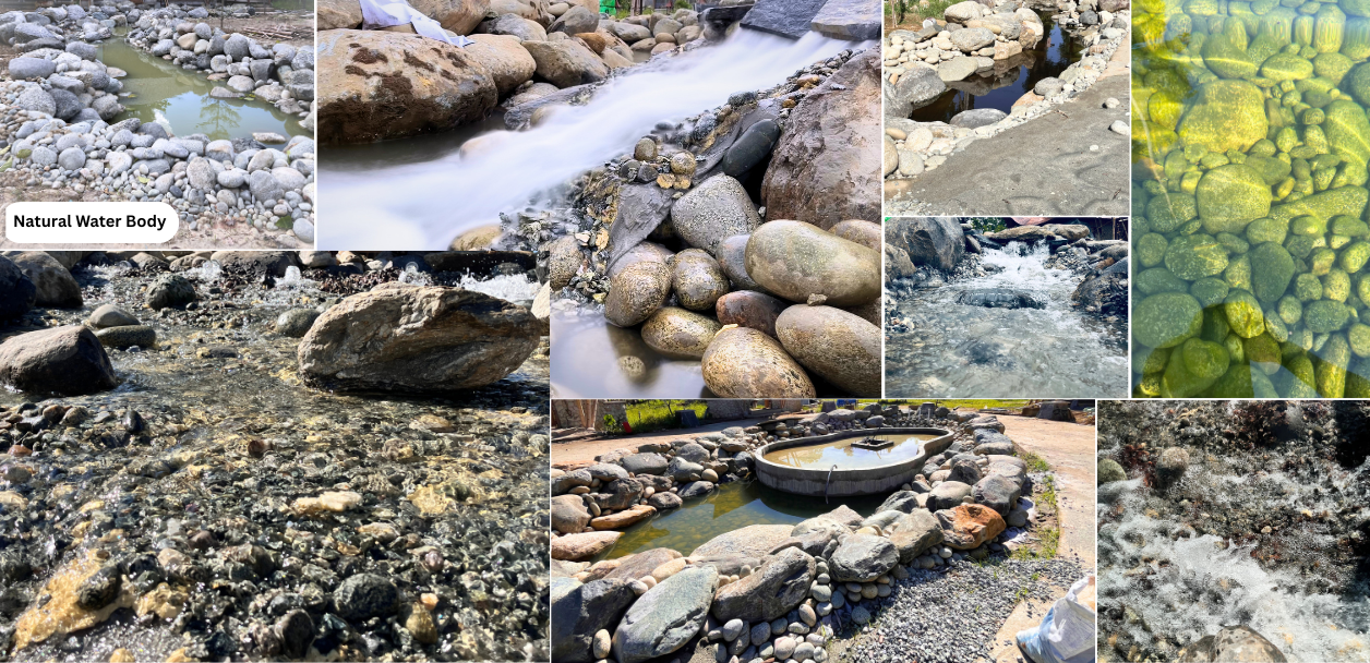 TiCi natural water body creation featuring a beautifully designed artificial stream, cascading water, river stones, and eco-friendly landscape architecture for sustainable outdoor spaces