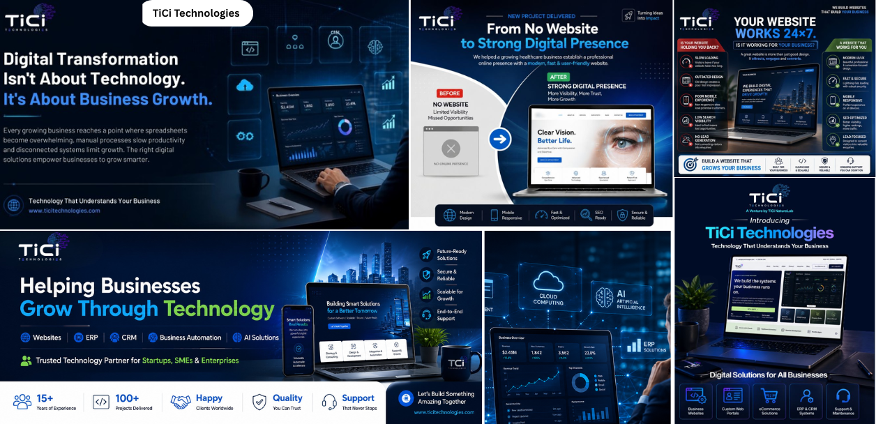 TiCi Technologies digital transformation collage showcasing website development, business automation, cloud computing, AI solutions, ERP and CRM systems, and custom digital solutions for businesses.