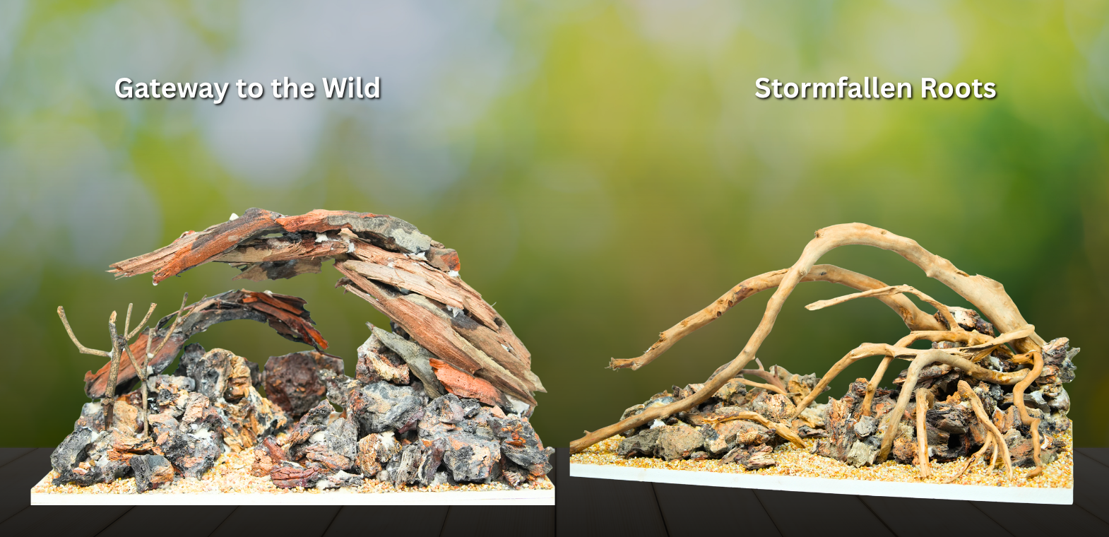 Creative aquarium hardscape designs named "Gateway to the Wild" and "Stormfallen Roots," featuring handcrafted driftwood, natural rocks, and substrate layouts for freshwater aquascaping and planted aquariums