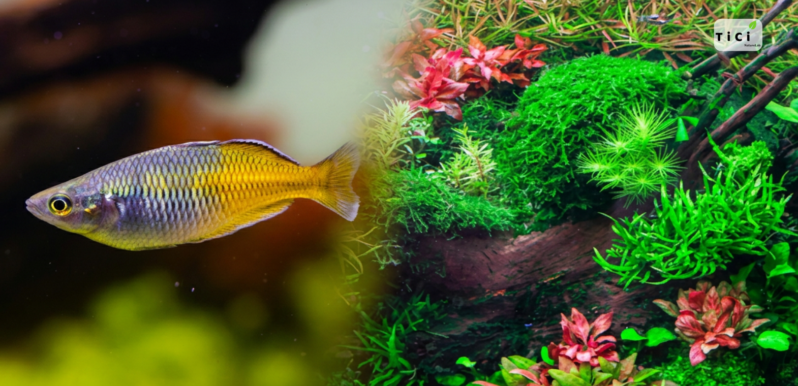 Boeseman's rainbowfish (Melanotaenia boesemani) swimming beside a lush freshwater planted aquascape with driftwood, aquatic moss, and vibrant aquatic plants, illustrating the importance of balanced water chemistry for healthy fish and thriving aquarium ecosystems.