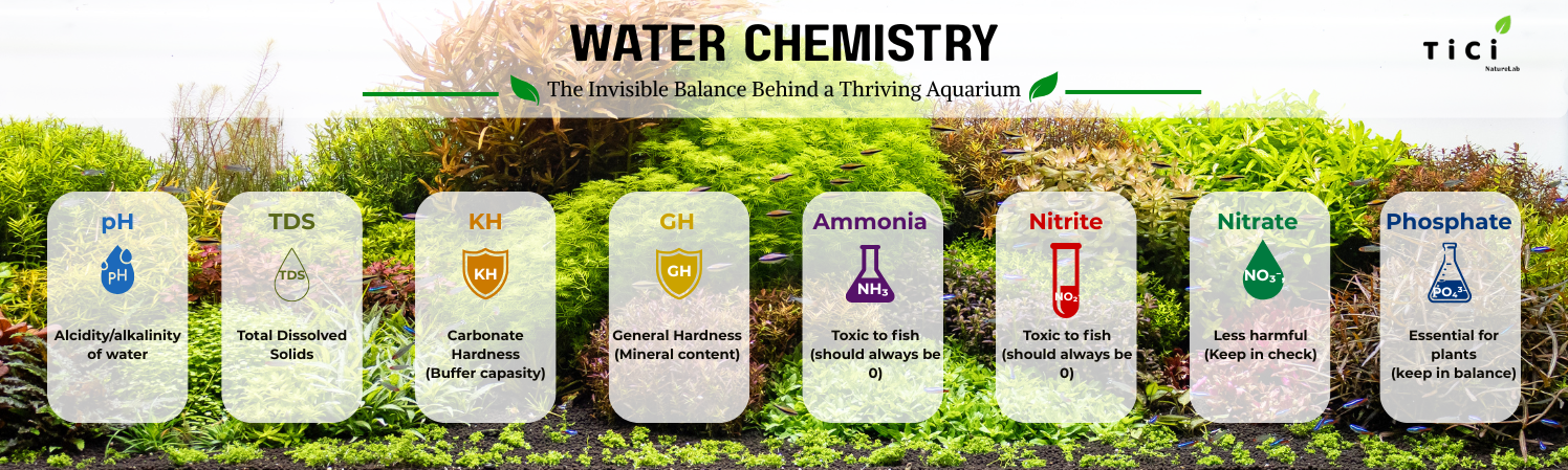 Water chemistry infographic for a Dutch aquascape freshwater planted aquarium showing pH, TDS, KH, GH, ammonia, nitrite, nitrate, and phosphate with their importance in maintaining healthy aquatic plants, fish, and water quality.