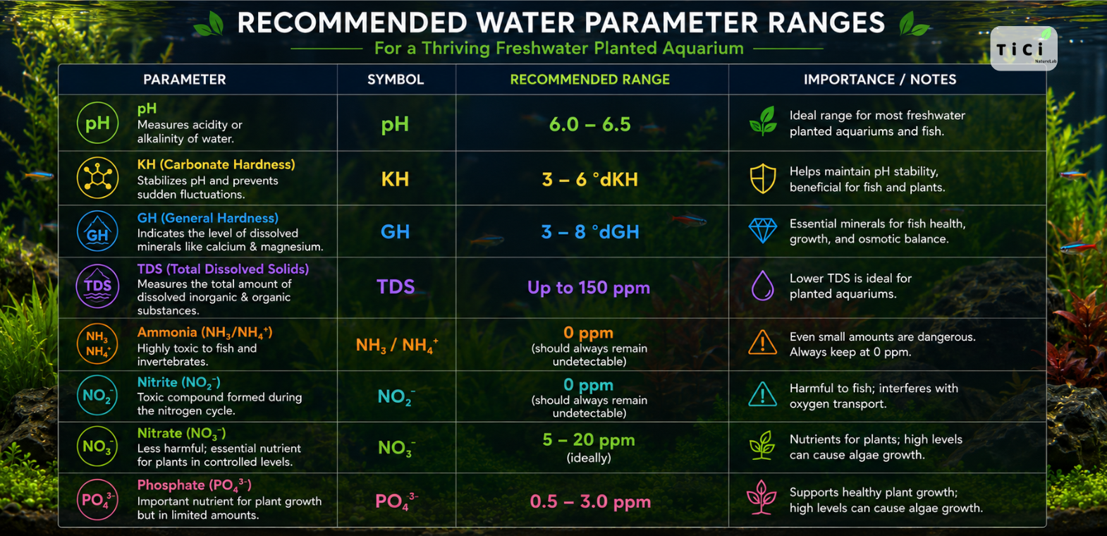 Recommended water parameter ranges infographic for freshwater planted aquariums showing ideal pH, KH, GH, TDS, ammonia, nitrite, nitrate, and phosphate levels with their importance for healthy fish, aquatic plants, and stable water chemistry.